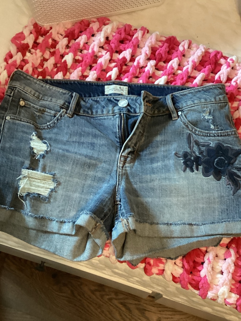 Embroidered Distressed Blue Denim Jean Shorts